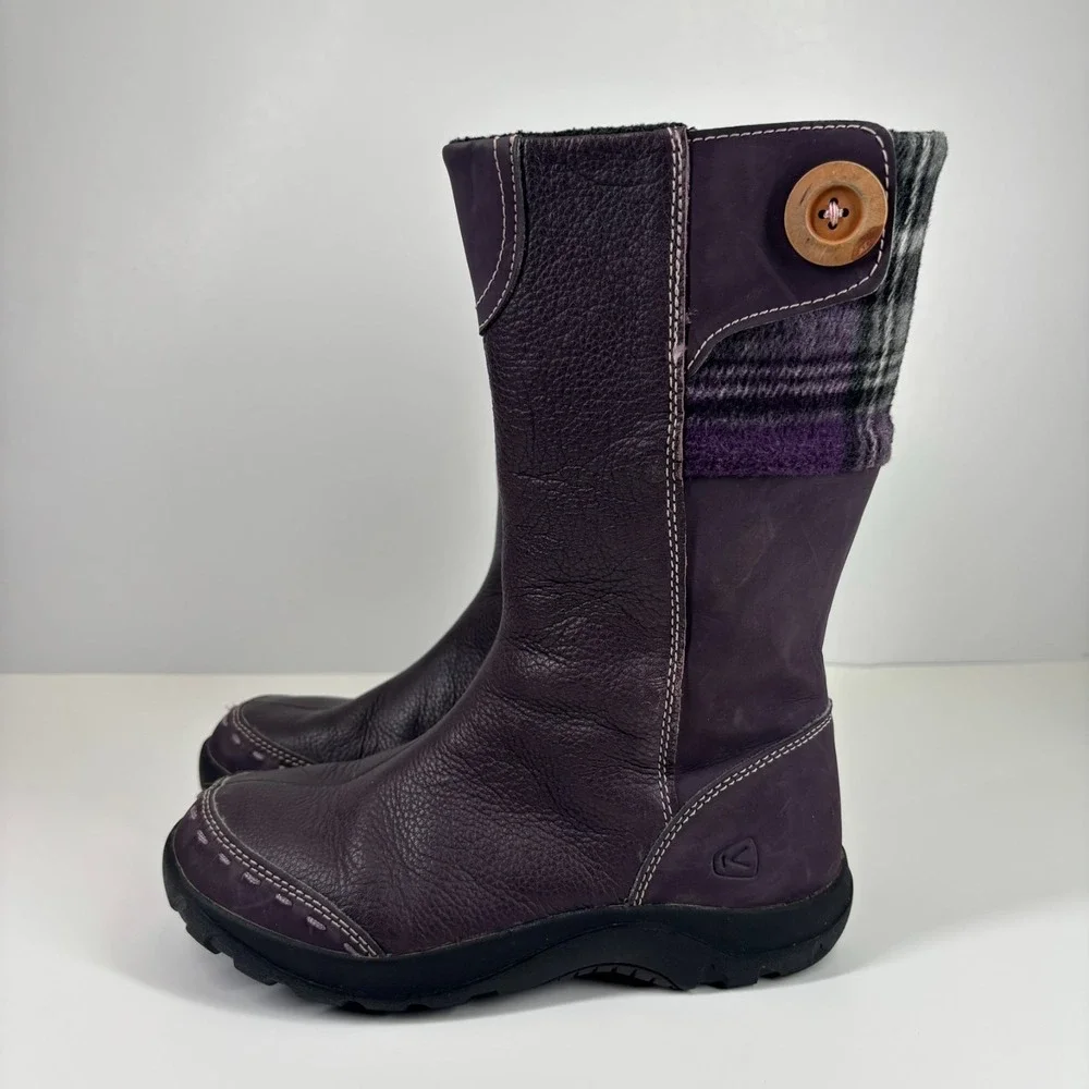 KEEN Darby Boots Kids Youth US 3 Sweet Grape Purple Plaid Leather Mid-Calf Boots